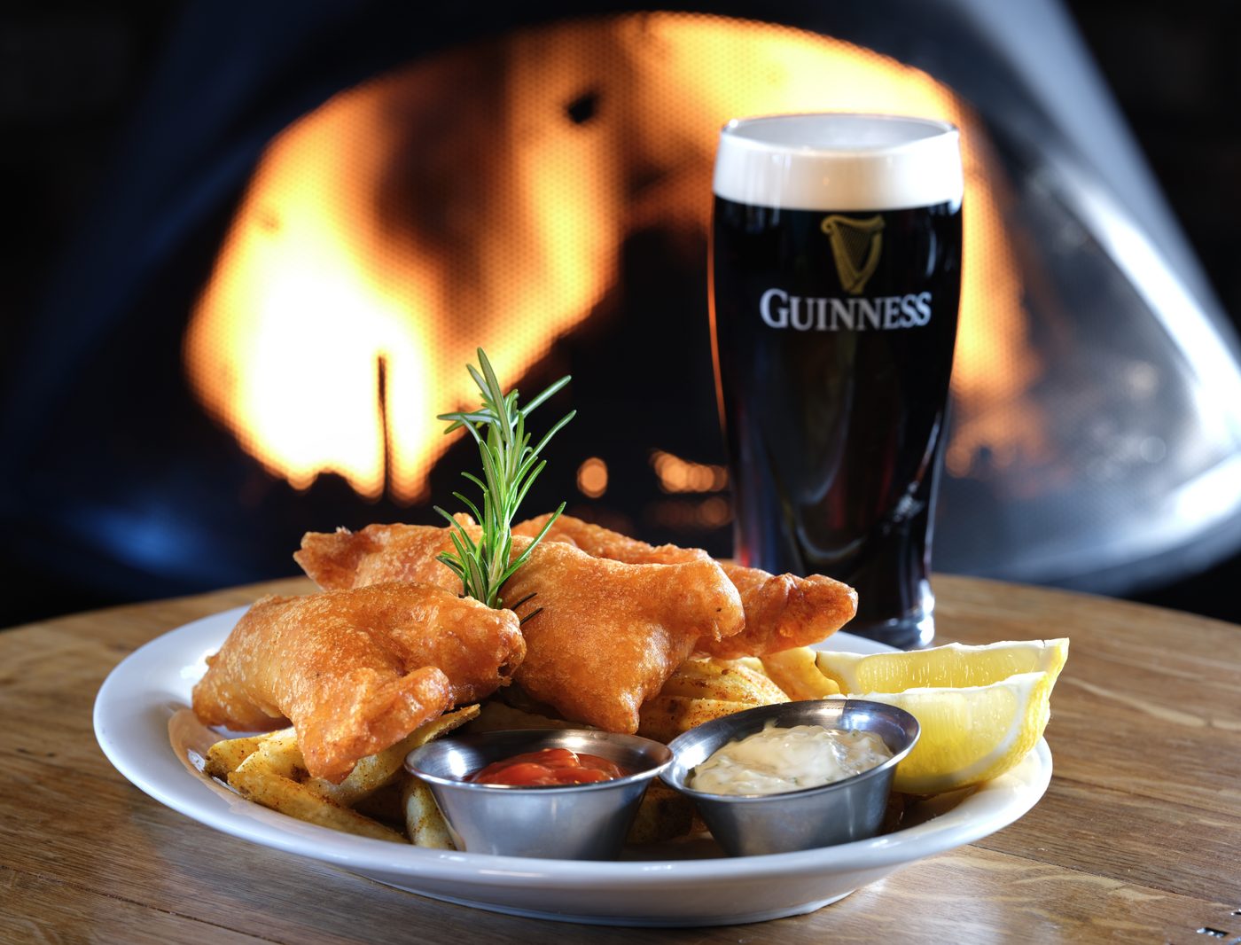 Traditional fish and chips with Guinness at O'Callaghan's Irish Pub Carmel